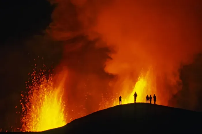 Framed Print : People watching the Fissure eruption of Chico volcano into 9km diameter caldera Framed Print : People watching the Fissure eruption of Chico volcano into 9km diameter caldera