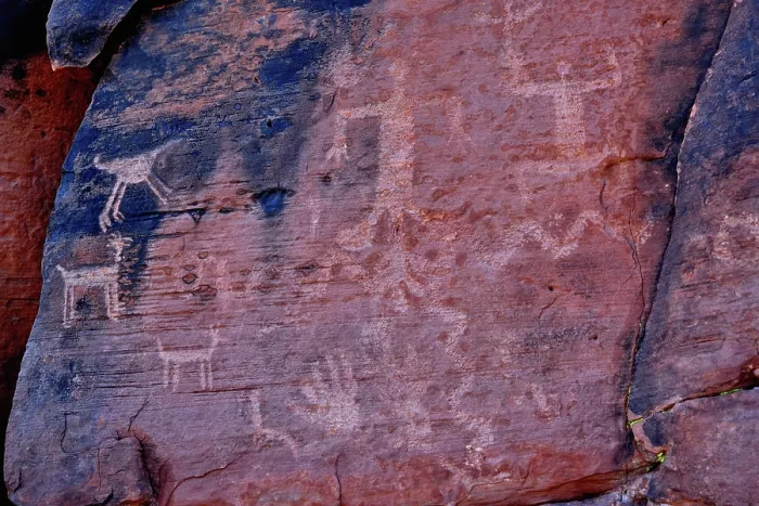 Framed Print : Petroglyphs from the Basketmaker period (300-700 AD), Lyman Lake, Arizona, USA. May, 2003