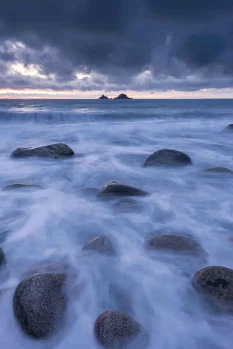Framed Print : Porth Nanven at dusk, stormy sky and rising tide, The Cot Valley, St Just, Cornwall, UK Framed Print : Porth Nanven at dusk, stormy sky and rising tide, The Cot Valley, St Just, Cornwall, UK