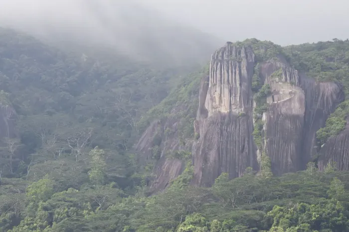 Framed Print : Pristine tropical rainforest and granite cliffs in mist, Morne Seychelles National Park