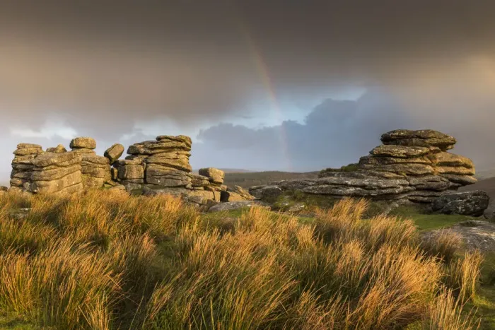 Framed Print : Rainbow at Combestone Tor, early morning light, Dartmoor National Park, Devon, UK Framed Print : Rainbow at Combestone Tor, early morning light, Dartmoor National Park, Devon, UK