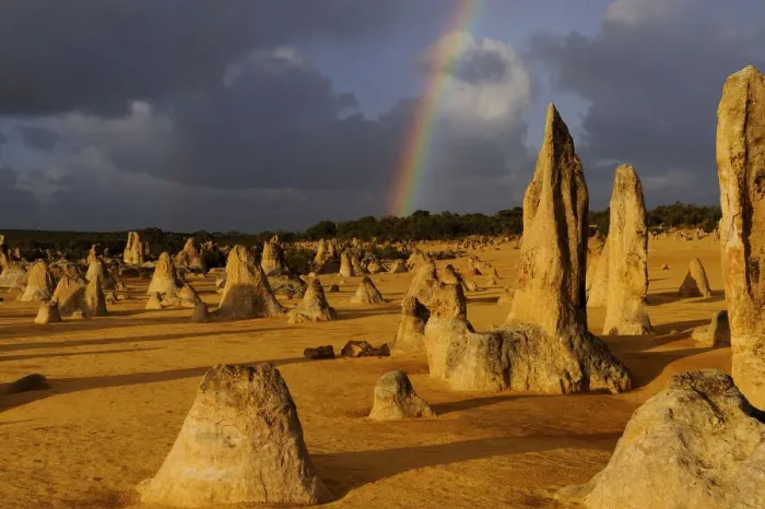 Framed Print : Rainbow over the Limestone formations in the Pinnacles desert, Nambung National Park Framed Print : Rainbow over the Limestone formations in the Pinnacles desert, Nambung National Park