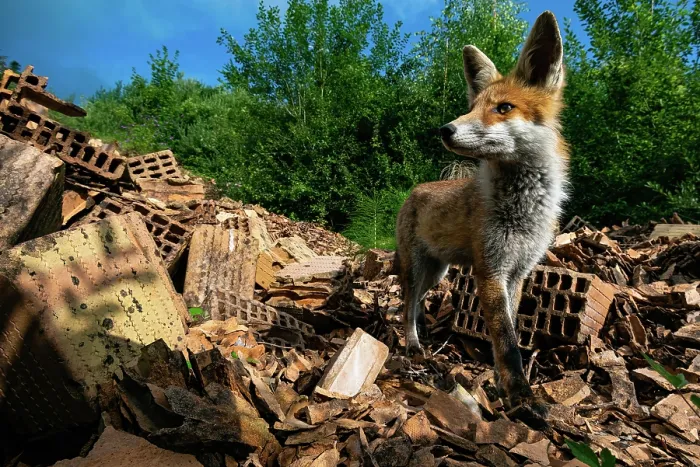 Framed Print : Red fox (Vulpes vulpes) standing on pile of bricks at an abandoned brick factory, Lucerne, Switzerland. August. Camera trap image Framed Print : Red fox (Vulpes vulpes) standing on pile of bricks at an abandoned brick factory, Lucerne, Switzerland. August. Camera trap image