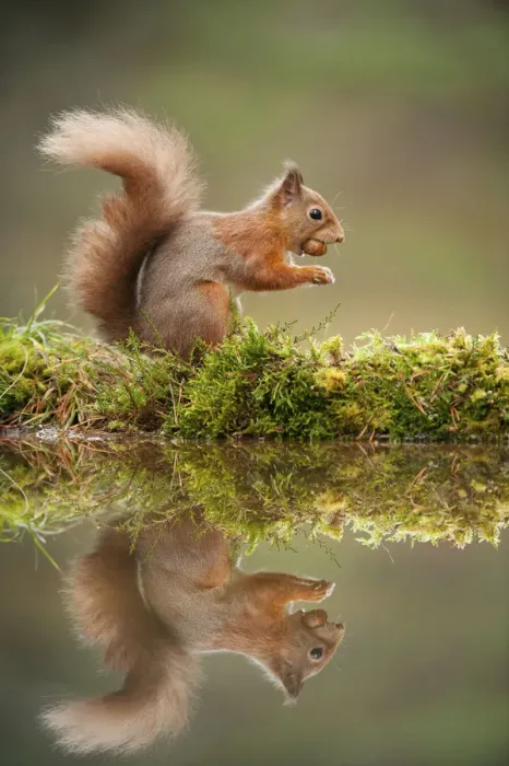 Framed Print : Red squirrel (Sciurus vulgaris) at woodland pool, feeding on nut, Scotland, UK, November Framed Print : Red squirrel (Sciurus vulgaris) at woodland pool, feeding on nut, Scotland, UK, November