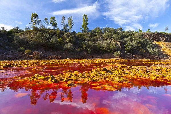 Red waters of the Rio Tinto, coloured by dissolved minerals, primarily iron. Andalusia