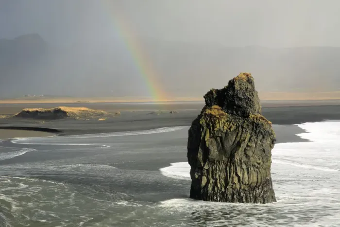 Framed Print : Reynisdrangar basalt sea stack with rainbow, Vik, Iceland, February 2017 Framed Print : Reynisdrangar basalt sea stack with rainbow, Vik, Iceland, February 2017