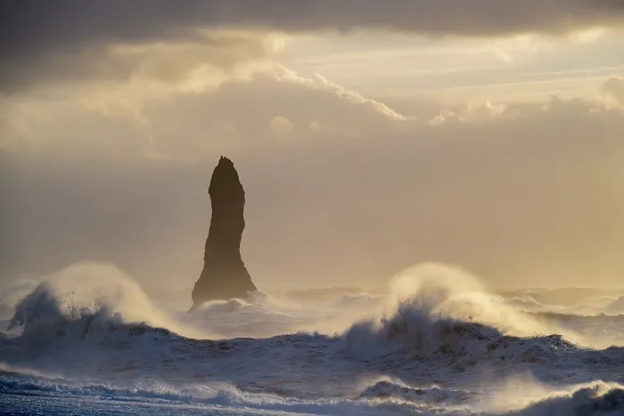 Framed Print : Reynisdrangar sea stack with large waves crashing onto the black sand beach, near Vik i Myrdal's, Iceland. February, 2024 Framed Print : Reynisdrangar sea stack with large waves crashing onto the black sand beach, near Vik i Myrdal's, Iceland. February, 2024