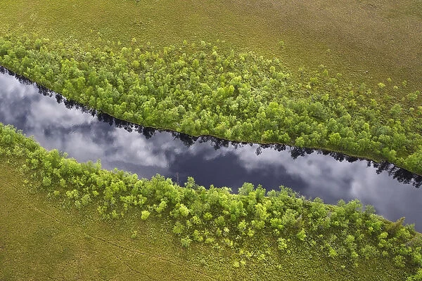 RF- Aerial view of river with clouds reflected in water, Sjaunja Bird Protection Area
