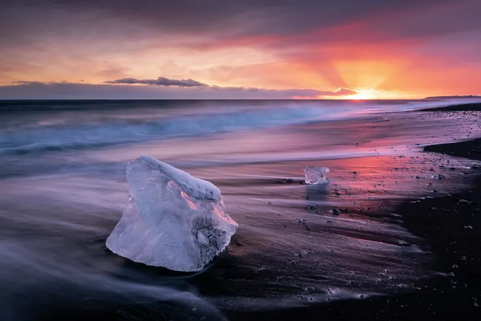 Framed Print : RF - Diamond Beach at sunset, block of ice on a strip of black sand belonging to the greater Breioamerkursandur glacial plain, Jokulsarlon glacier lagoon, south coast of Iceland Framed Print : RF - Diamond Beach at sunset, block of ice on a strip of black sand belonging to the greater Breioamerkursandur glacial plain, Jokulsarlon glacier lagoon, south coast of Iceland