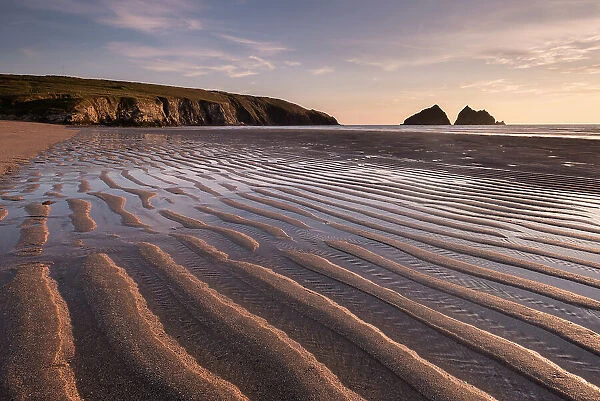 RF- Holywell Bay in evening light and sand ripples, near Newquay, Cornwall, UK. June 2015