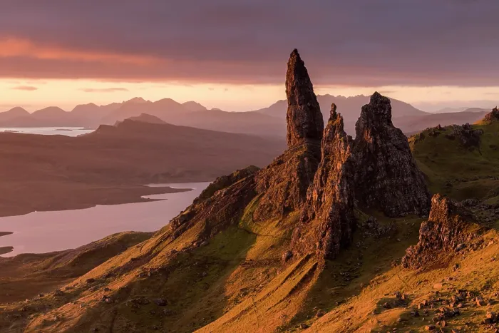 Framed Print : RF - The Old Man of Storr at sunrise, view down to Loch Leathan and mountains. Isle of Skye, Inner Hebrides, Scotland, UK. November 2017 Framed Print : RF - The Old Man of Storr at sunrise, view down to Loch Leathan and mountains. Isle of Skye, Inner Hebrides, Scotland, UK. November 2017