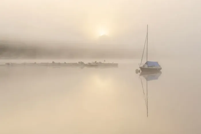 Framed Print : RF - Sailing boat in mist at sunrise, reflected in Wimbleball Lake Framed Print : RF - Sailing boat in mist at sunrise, reflected in Wimbleball Lake
