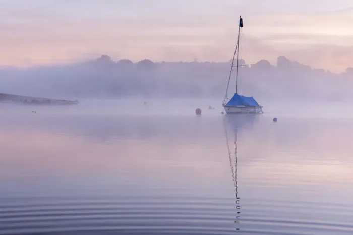 Framed Print : RF - Sailing boat in morning mist, reflected in Wimbleball Lake Framed Print : RF - Sailing boat in morning mist, reflected in Wimbleball Lake