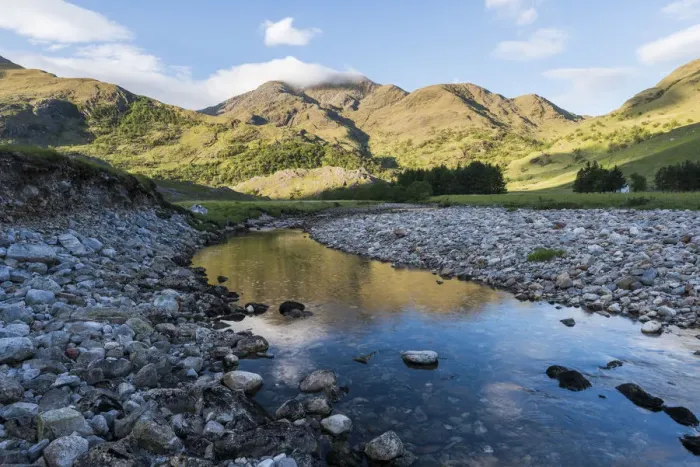 Framed Print : Rising sun illuminating Luinne Bheinn with the river Barrisdale in the forground Framed Print : Rising sun illuminating Luinne Bheinn with the river Barrisdale in the forground