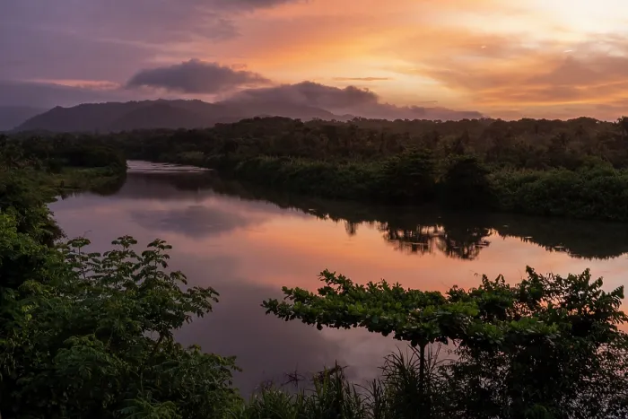 Framed Print : River basin at sunset, El Valle, Utria National Park, Colombia. July, 2022 Framed Print : River basin at sunset, El Valle, Utria National Park, Colombia. July, 2022
