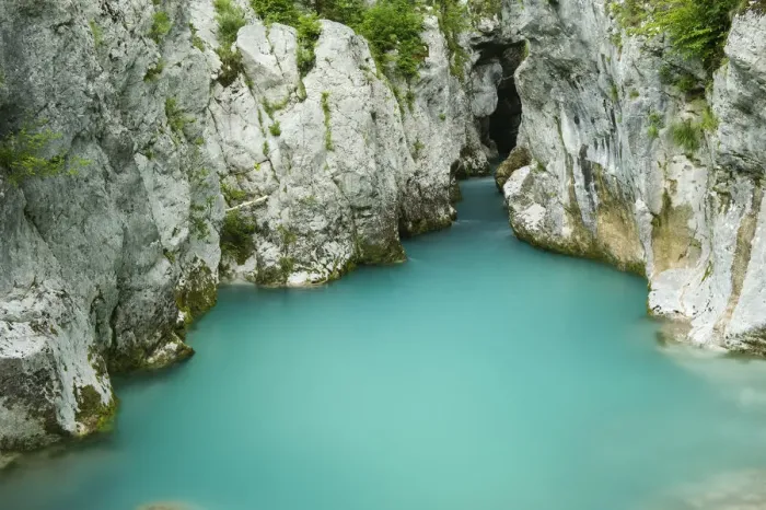 Framed Print : River Lepenjica flowing through narrow gap in rocks, Triglav National Park, Slovenia