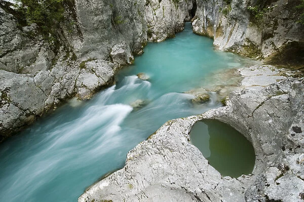River Lepenjica, with a pothole in rock, Triglav National Park, Slovenia, June 2009