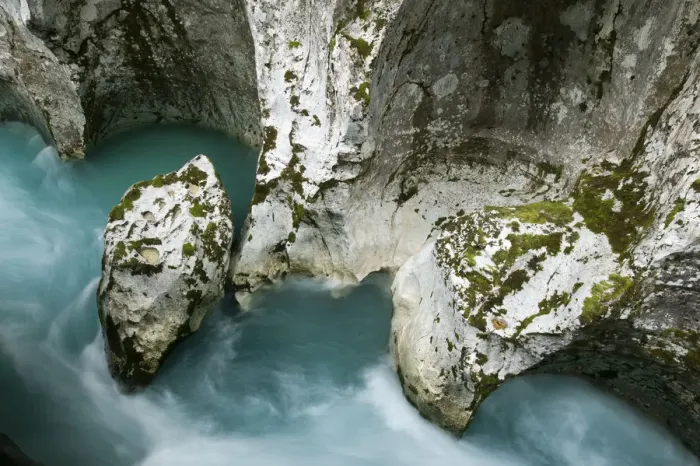 Framed Print : River Soca flowing through Velika korita with erosion in rock visible, Triglav National Park Framed Print : River Soca flowing through Velika korita with erosion in rock visible, Triglav National Park
