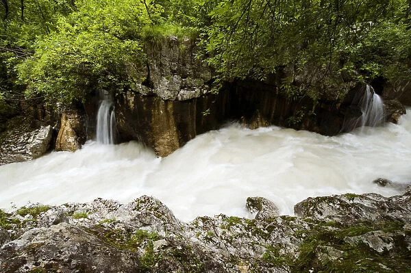 River Soca after heavy rain flowing through Velika korita, Triglav National Park