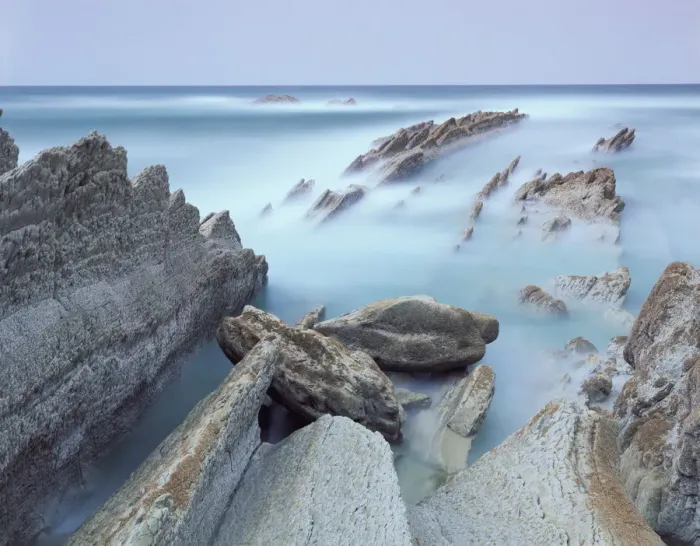 Framed Print : Rock formations on Atxabiribil beach, Basque country, Bay of Biscay, Spain, October 2008 Framed Print : Rock formations on Atxabiribil beach, Basque country, Bay of Biscay, Spain, October 2008