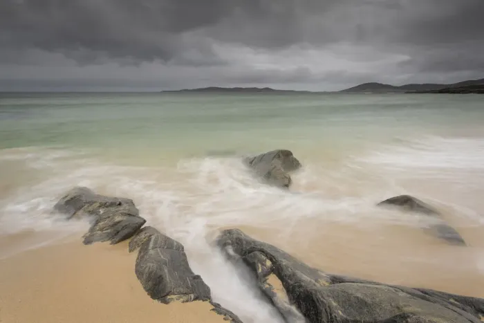 Framed Print : Rocks on Seilebost beach with storm approaching, North Harris, Outer Hebrides, Scotland Framed Print : Rocks on Seilebost beach with storm approaching, North Harris, Outer Hebrides, Scotland