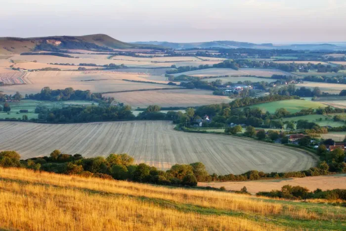 Framed Print : Rolling chalk downland and arable farmland viewed from Wilmington Hill, Wilmington Framed Print : Rolling chalk downland and arable farmland viewed from Wilmington Hill, Wilmington