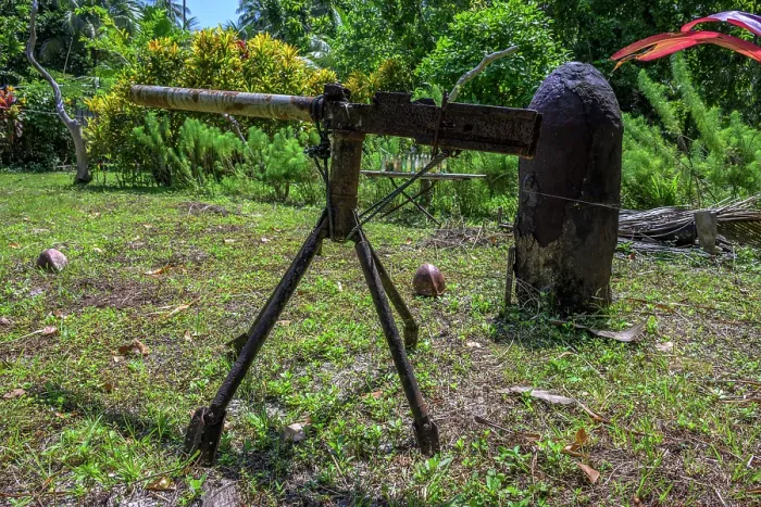 Framed Print : Rusty remains of an old machine gun and torpedo from WW2 in a community on Emirau Island, New Ireland Province, Papua New Guinea. December, 2023 Framed Print : Rusty remains of an old machine gun and torpedo from WW2 in a community on Emirau Island, New Ireland Province, Papua New Guinea. December, 2023