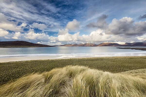 Sand dunes at Luskentyre with view to Taransay. Isle of Harris, Outer Hebrides, Scotland, UK