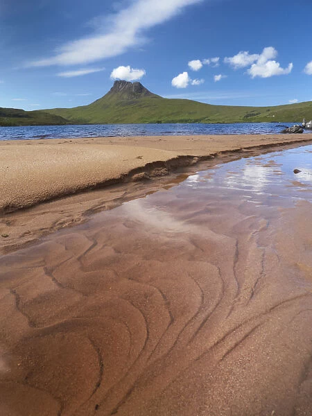 Sandy shore of Loch Lurgain with Stac Pollaidh in the background, Highlands, Scotland