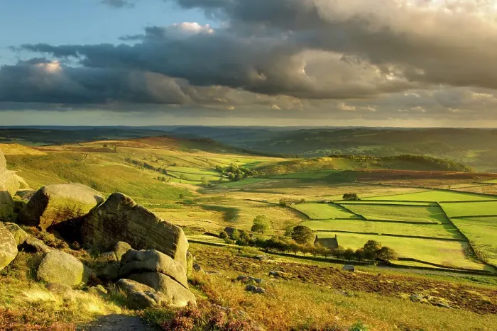 Framed Print : Scenic view of moorland from Stanage Edge, Peak District NP, with fields in lower area, August 2011 Framed Print : Scenic view of moorland from Stanage Edge, Peak District NP, with fields in lower area, August 2011