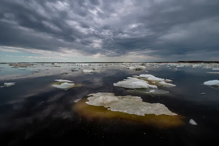 Framed Print : Sea ice breaking up and melting under a cloudy sky in spring, Hudson Bay near Churchill, Manitoba, Canada. June, 2024 Framed Print : Sea ice breaking up and melting under a cloudy sky in spring, Hudson Bay near Churchill, Manitoba, Canada. June, 2024