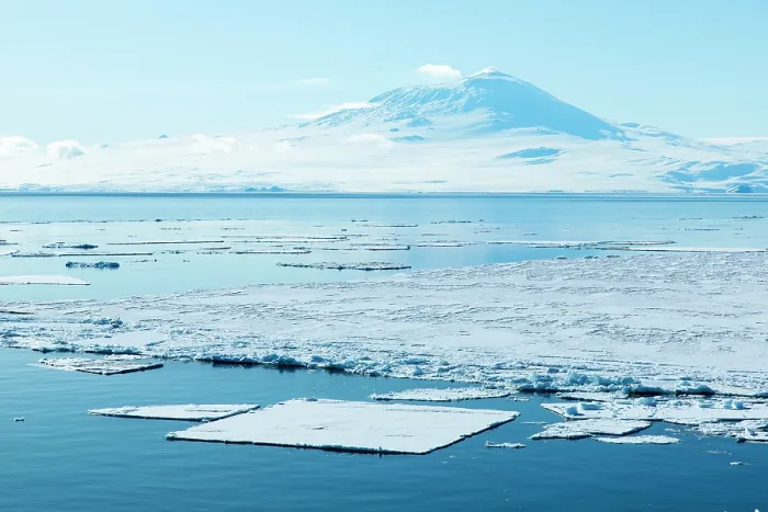 Framed Print : Sea ice on McMurdo Sound with Mount Terror in background, Cape Chocolate vicinity, , Ross Sea, Antarctica. February, 2023 Framed Print : Sea ice on McMurdo Sound with Mount Terror in background, Cape Chocolate vicinity, , Ross Sea, Antarctica. February, 2023