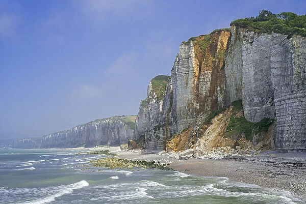 Shingle beach and chalk cliffs along the North Sea coast at Yport, Normandy, France