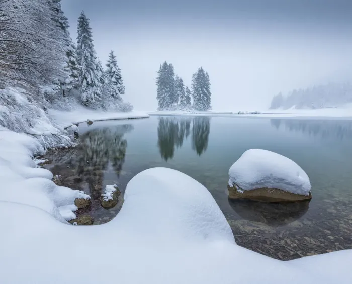 Framed Print : Shore of Lago de Predil covered in snow, Italy, February 2018 Framed Print : Shore of Lago de Predil covered in snow, Italy, February 2018