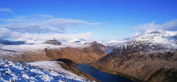 Framed Print : Silent Valley, Ben Crom and snow-covered peaks of the High Mournes viewed from Slievenaglogh with Ben Crom dam reservoir and dam in distance, Mourne Mountains, County Down Framed Print : Silent Valley, Ben Crom and snow-covered peaks of the High Mournes viewed from Slievenaglogh with Ben Crom dam reservoir and dam in distance, Mourne Mountains, County Down