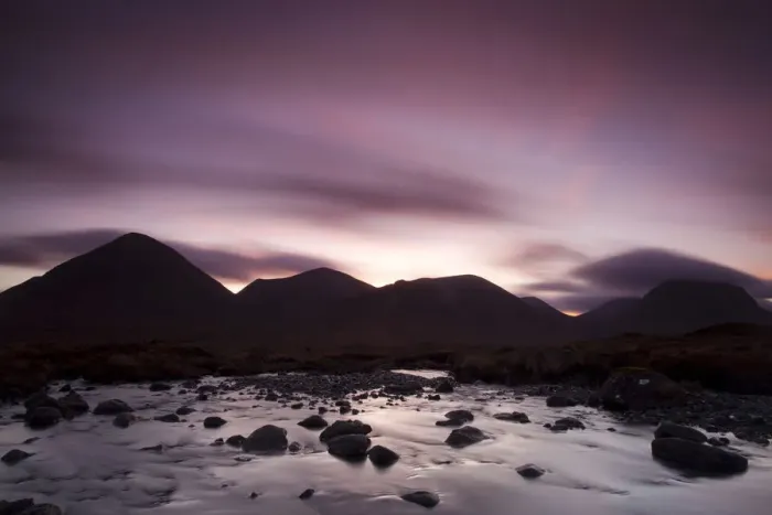Framed Print : Silhouettes of the Red Cullin at dawn, with stream in the foreground, Isle of Skye Framed Print : Silhouettes of the Red Cullin at dawn, with stream in the foreground, Isle of Skye