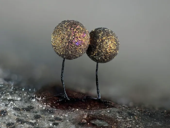 Framed Print : Slime mould (Lamproderma scintillans) two mature sporangia growing on a Holly Leaf, Hertfordshire, England, UK. February. Focus stacked Framed Print : Slime mould (Lamproderma scintillans) two mature sporangia growing on a Holly Leaf, Hertfordshire, England, UK. February. Focus stacked