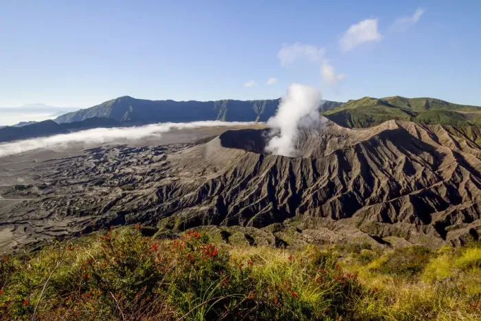 Framed Print : Smoke billowing from Mount Bromo volcano. View from the summit of Mount Batok Framed Print : Smoke billowing from Mount Bromo volcano. View from the summit of Mount Batok