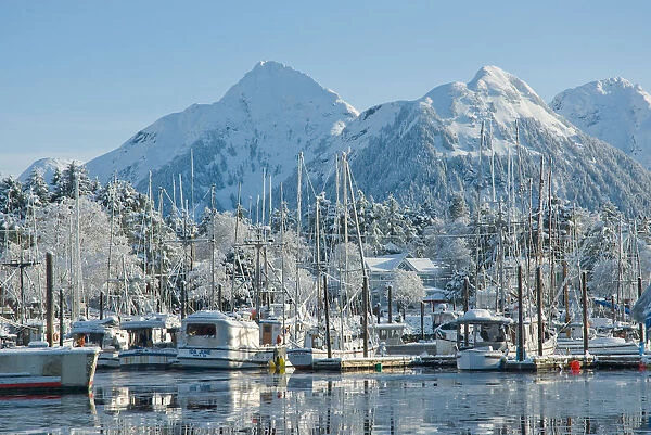 Snow covered fishing boats in Sitka Harbour, Alaska