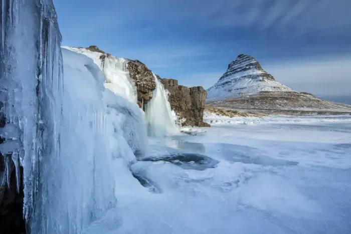 Framed Print : Snow covered Kirkjufell Mountain and frozen waterfalls, , Snaefellsness Peninsula Framed Print : Snow covered Kirkjufell Mountain and frozen waterfalls, , Snaefellsness Peninsula