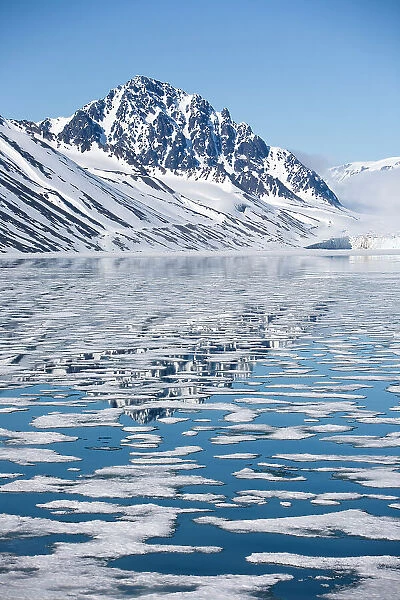 Snow-covered mountains reflecting on drifting and melting sea ice, Spitsbergen, Svalbard, Norway, Arctic Ocean. July, 2008