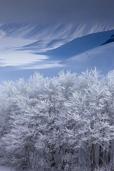 Snow-covered Piano Grande in winter. Monti Sibillini National Park, Umbria, Italy