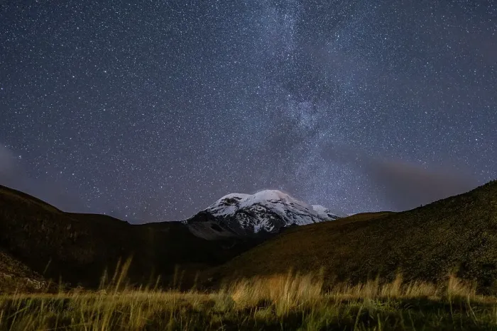 Framed Print : Snowcapped peak of Chimborazo volcano at night with part of the Milkyway visible in sky above, Chimborazo National Park, Chimborazo, Ecuador. August, 2022