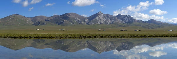 Song-Kul Lake with yurts from herdsmen during summer pasture, Karatal-Japyryk State Nature Reserve