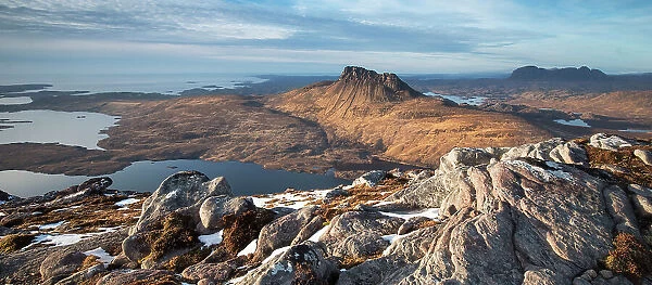 Stac Pollaidh, Cul Mor and Suilven, view north from Sgorr Tuath, Coigach and Assynt, Scotland, UK, March 2017