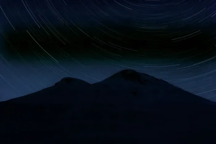 Framed Print : Star trails over Mount Elbrus (5, 642m) at night, Caucasus, Russia, June 2008 Framed Print : Star trails over Mount Elbrus (5, 642m) at night, Caucasus, Russia, June 2008