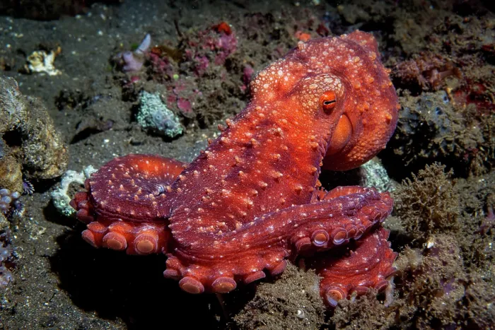 Framed Print : Starry night octopus (Callistoctopus luteus) moving across seabed at night, Lembeh Strait, North Sulawesi, Indonesia, Pacific Ocean