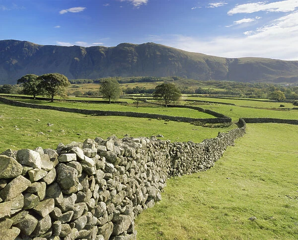 Stone walls boundaries on farmland with Whin Rigg in background, Wastwater Lake