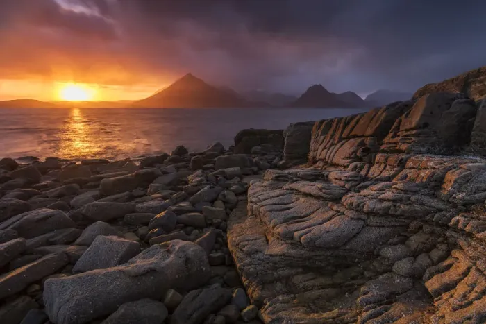 Framed Print : Sunset over the Cullin Mountains from Elgol shoreline, Isle of Skye, Scotland, UK, April Framed Print : Sunset over the Cullin Mountains from Elgol shoreline, Isle of Skye, Scotland, UK, April