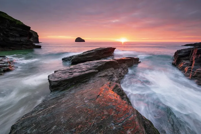 Framed Print : Sunset over high tide at Trebarwith Strand, North Cornwall, England, UK. May, 2024 Framed Print : Sunset over high tide at Trebarwith Strand, North Cornwall, England, UK. May, 2024